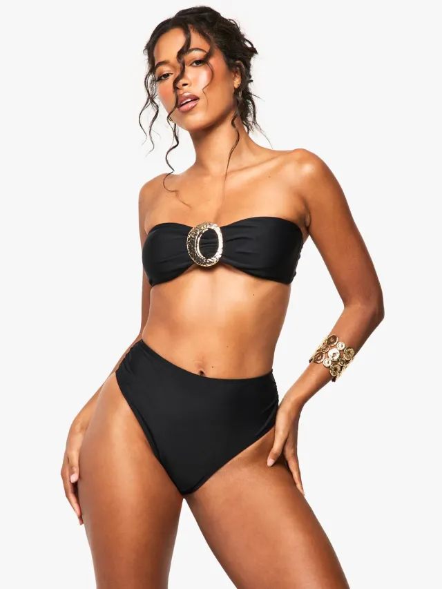 boohoo Dames Gold Trim Detail Bandeau Bikini Top & High Waist Bikini Bottoms Set Zwart