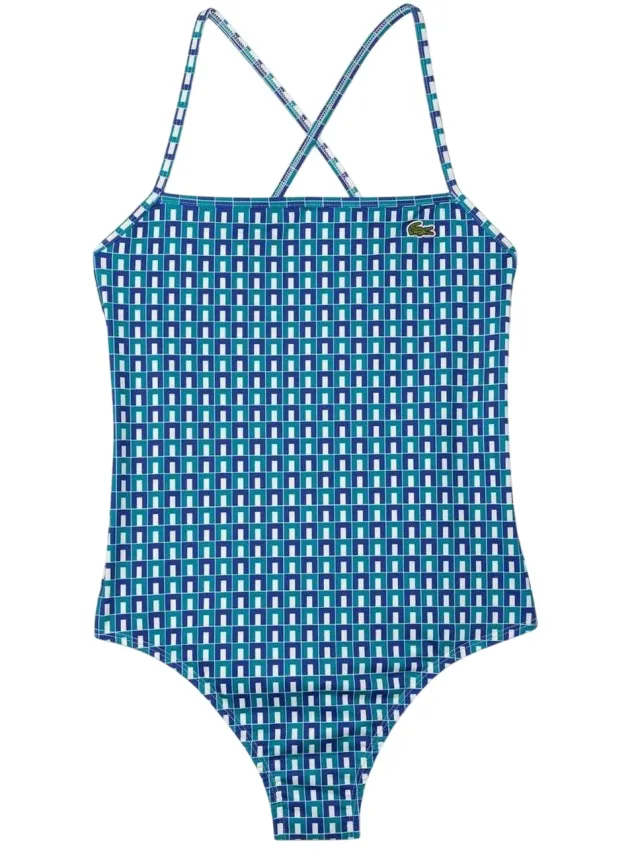 Lacoste Geometrisch gerecycled polyester badpak voor dames (Blauw)