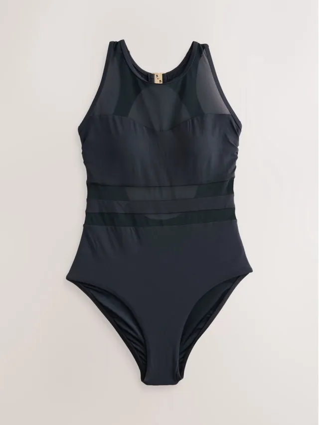 Next Dames - Hoogsluitend buikcorrigerend badpak - Zwart Black Mesh Panel