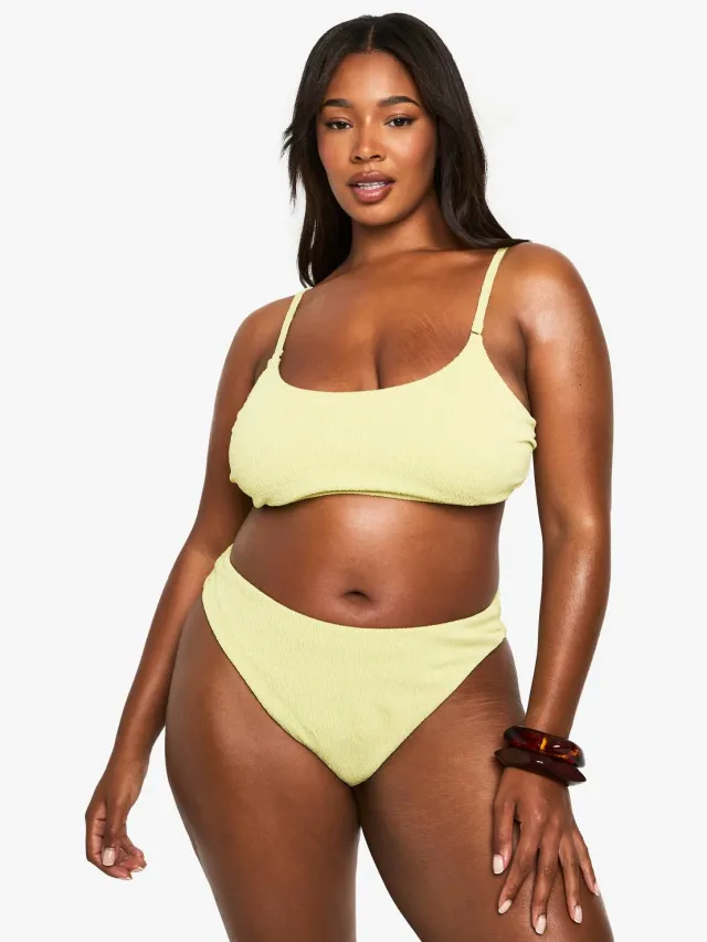boohoo Dames Plus Zwemkleding Essentials Crinkle Hoge Taille Bikini Broekjes Olijf