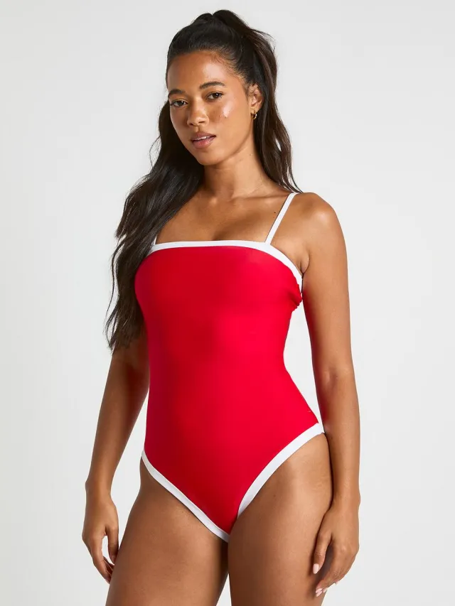 boohoo Dames Buikcontrolerend Badpak Met Contrasterende Vierkante Hals Rood