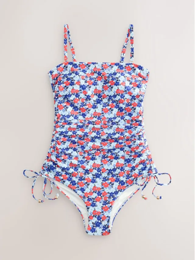 Next Dames - Vormgevend, buikcorrigerend bandeaubadpak met ruches op de pijpen - Blauw Navy Blue/Red Disty Floral