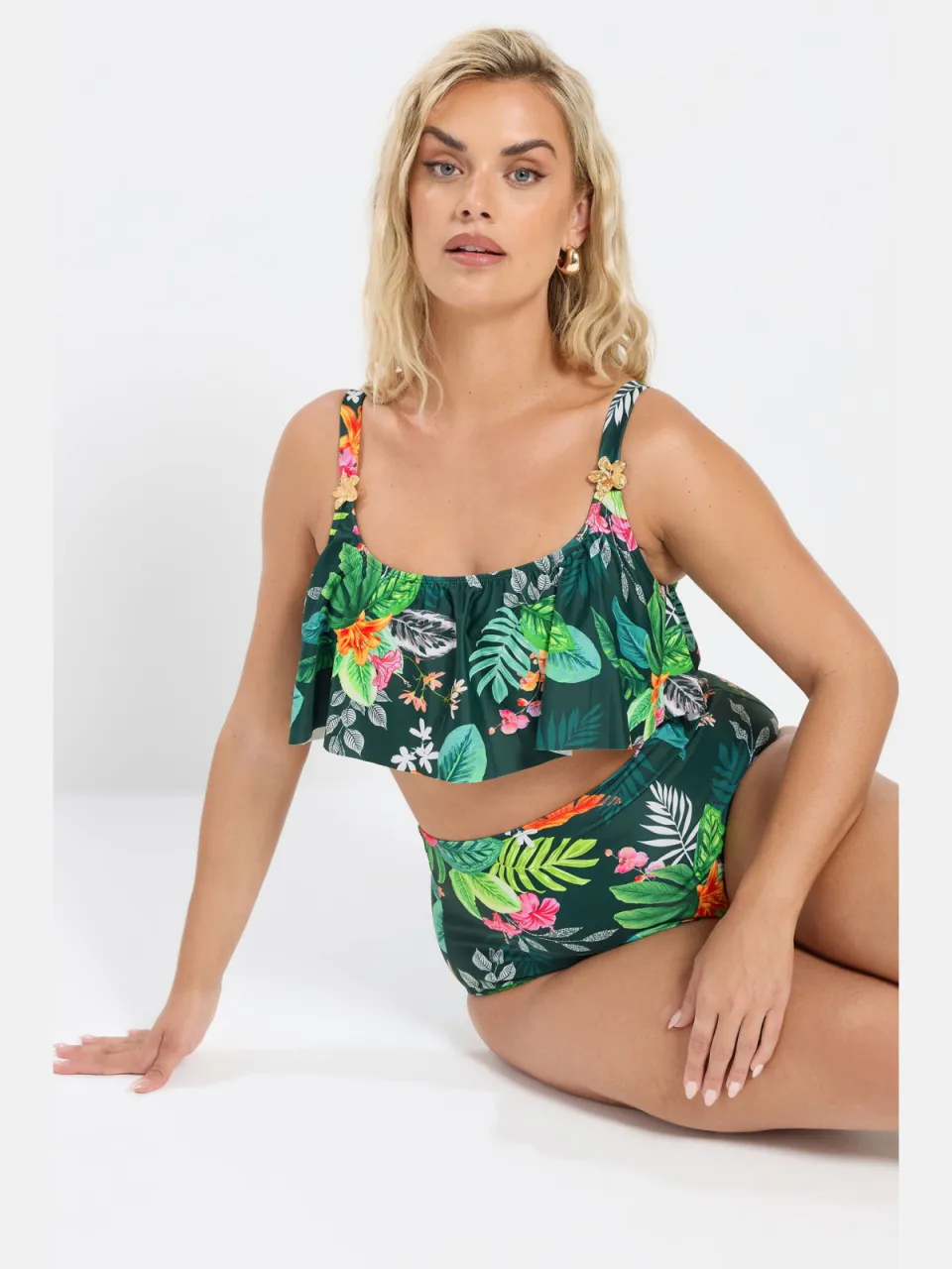 Yours Groene Bikinitop Met Tropische Print En Ruches Green