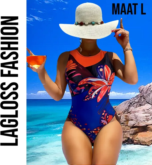LaGloss Badpak Blauw met Rood Bloemenmotief – Ronde Hals – Push-up & Verwijderbare Cups –