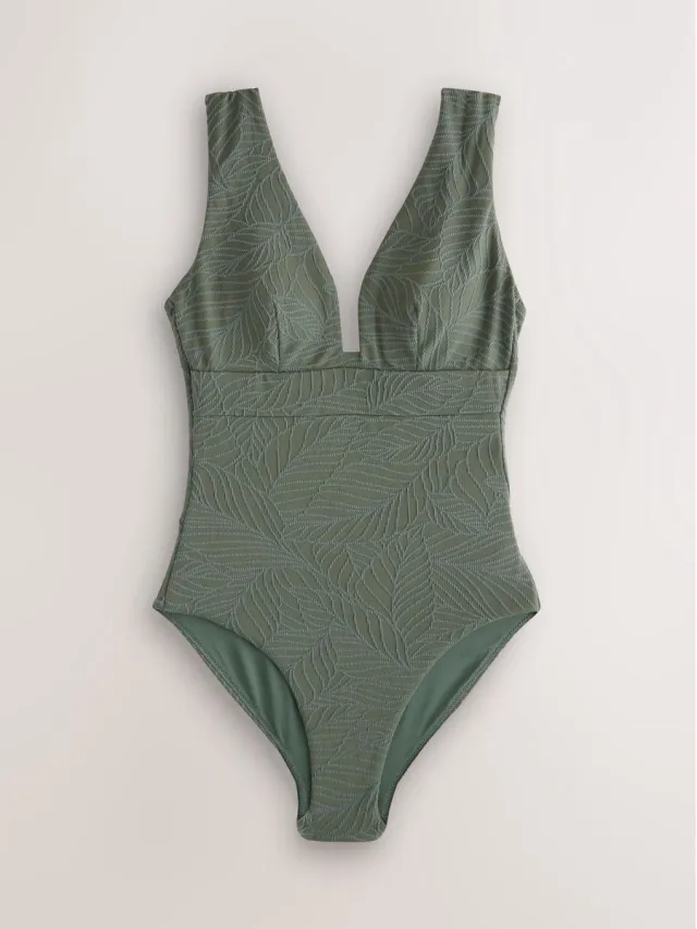 Next Dames - Buikcorrigerend badpak met lage hals - Groen Khaki Green Leaf Textured
