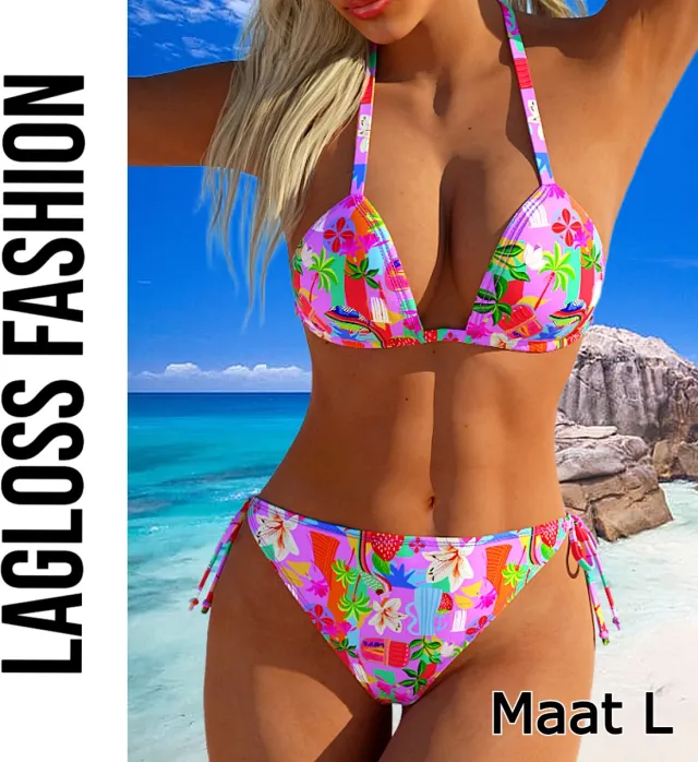 LaGloss 2-delige Vibrante Roze Bloemenprint Bikini Set – Verstelbare Bandjes & Hoge Stretch –