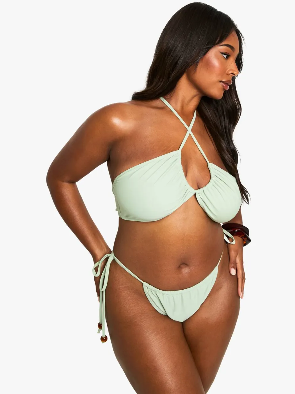boohoo Dames Plus bikini met kralen in bandeau-stijl kaki, foto 3