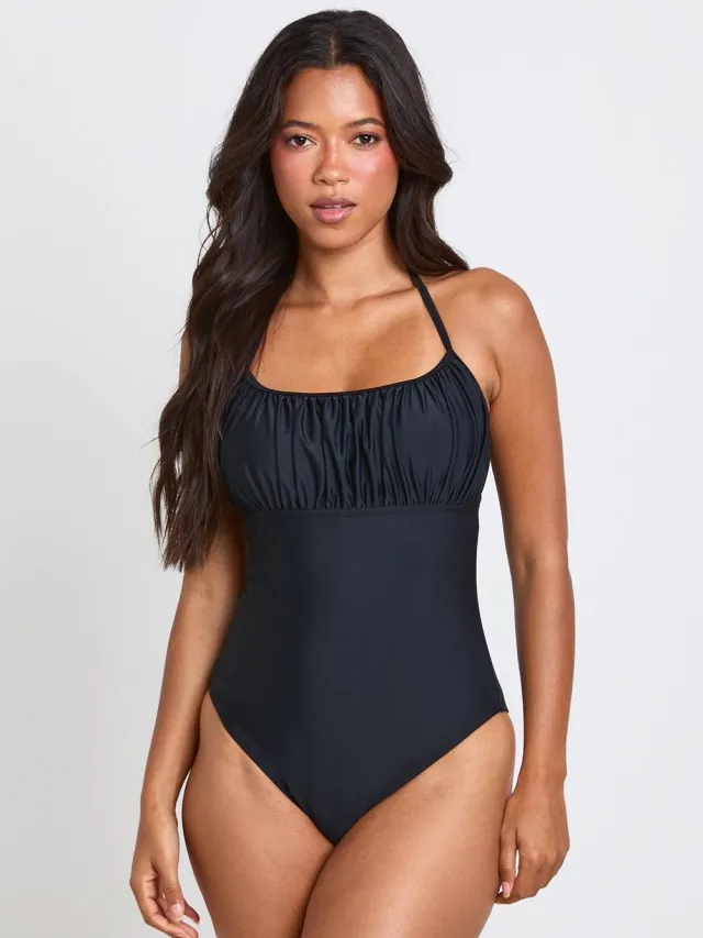 boohoo Dames Geplooid Badpak Met Halternek zwart, foto 3