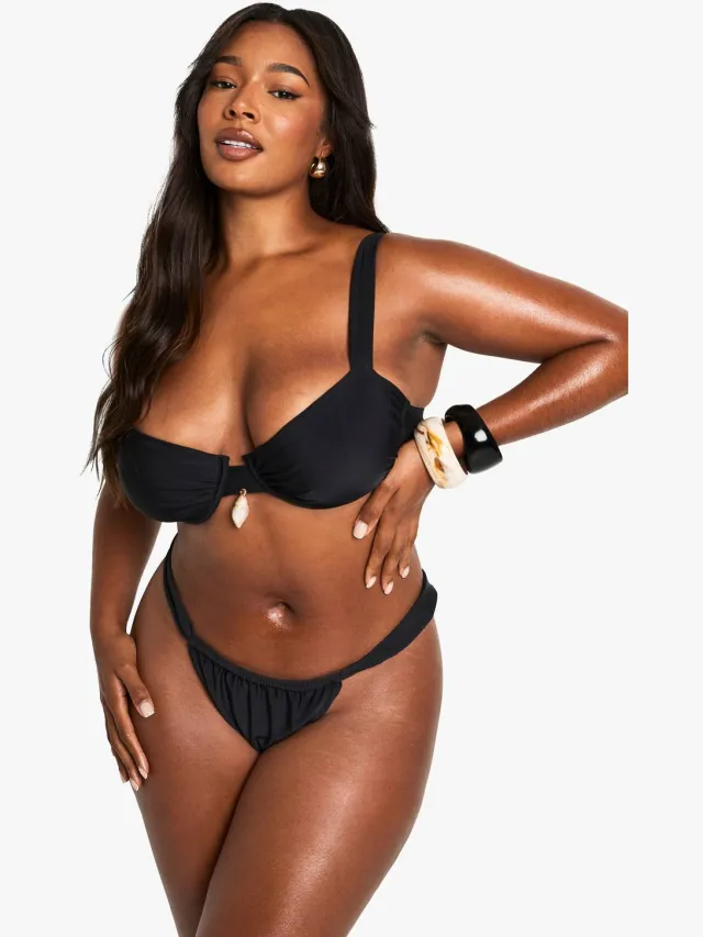 boohoo Dames Plus Bikini Top met Schelptrim en Beugels Zwart