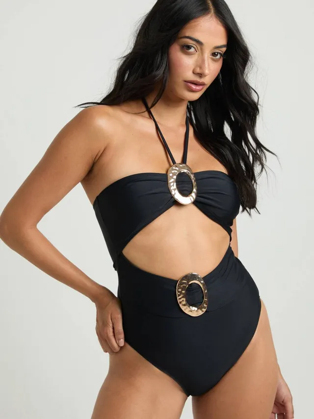boohoo Dames Bandeau Badpak Met Goudkleurige Details En Cut-out Zwart