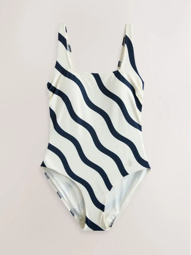 Next Dames - Buikcorrigerend badpak met textuur en vierkante hals - Wit Navy/White Wavy