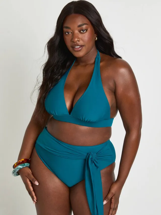 boohoo Dames Plus Essentials Diepe Halter Bikinitop Groenblauw