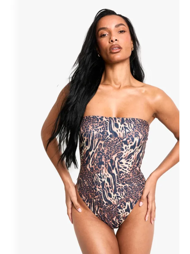 boohoo Dames Petite Zwemkleding Essentials Luipaard Bandeau Badpak Bruin