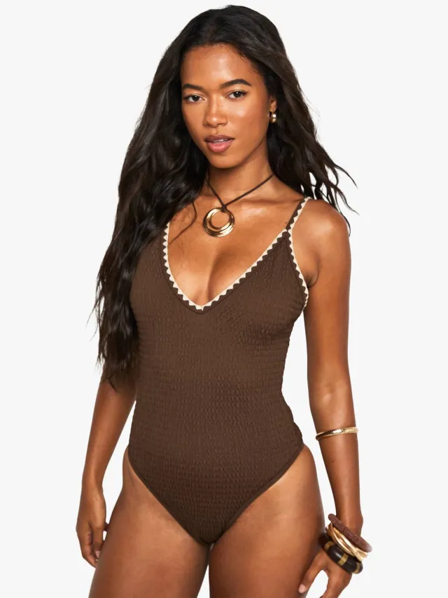 boohoo Dames Contrast Stitch Badpak Chocoladebruin
