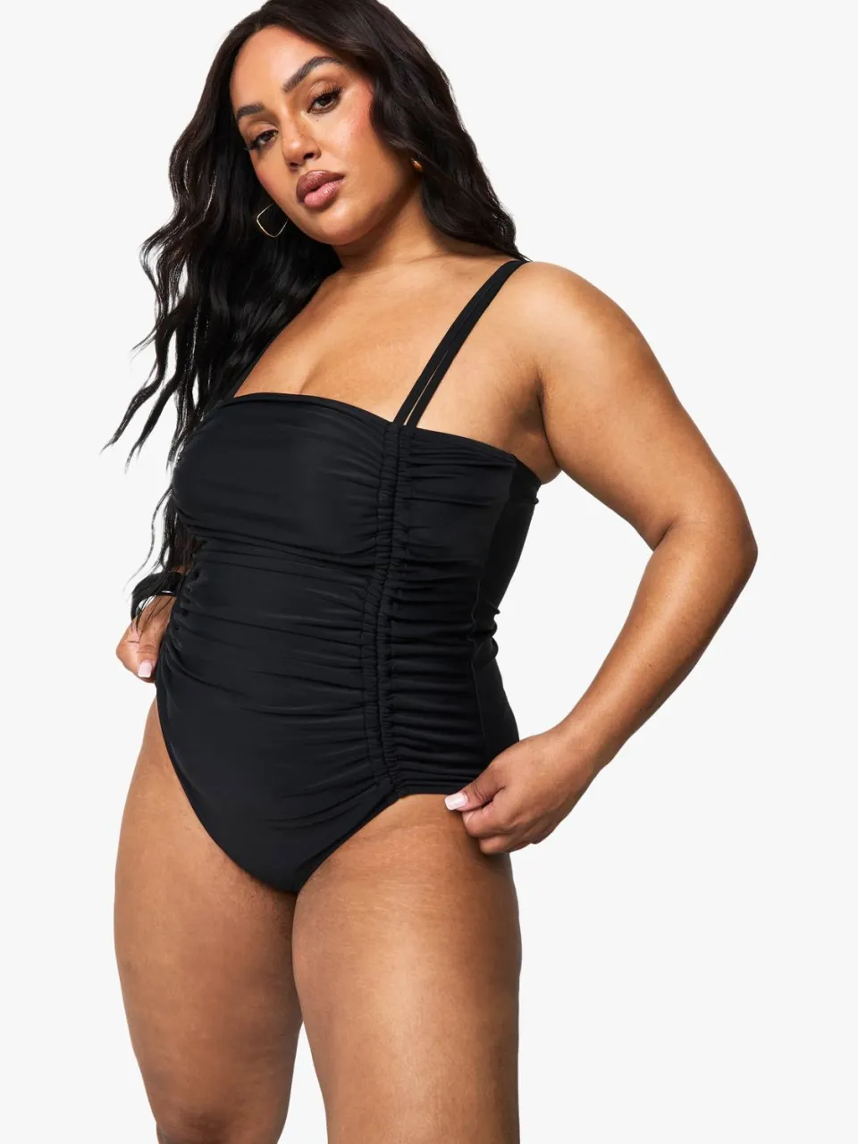 boohoo Dames Plus Buikcontrole Badpak met geraffelde zijkant zwart, foto 3