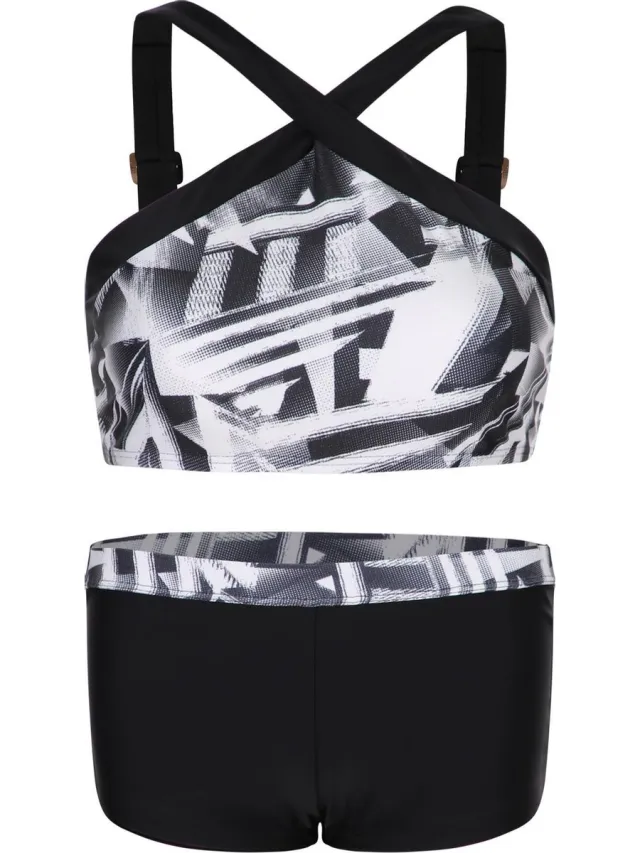 La V Bikini hipsterbroekje en croptop met brede bandje Zwart-wit 140-146 Zwart- wit