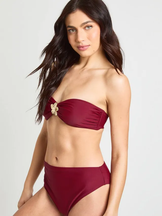 boohoo Dames Goudkleurig Afgewerkte Bandeau Bikinitop En Hoge Taille Bikinibroekje Bordeaux Rood