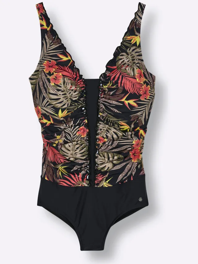 badpak zwart met bloemenprint zwart/bordeaux bedrukt