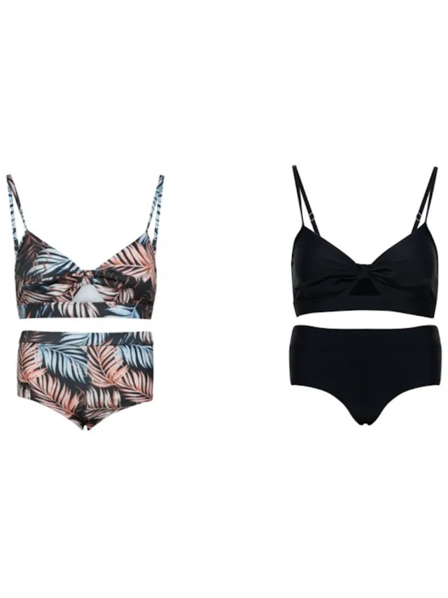 La V Set van 2 bikini hipster broekje en top met strik - Palm leaf/ Zwart 164-170