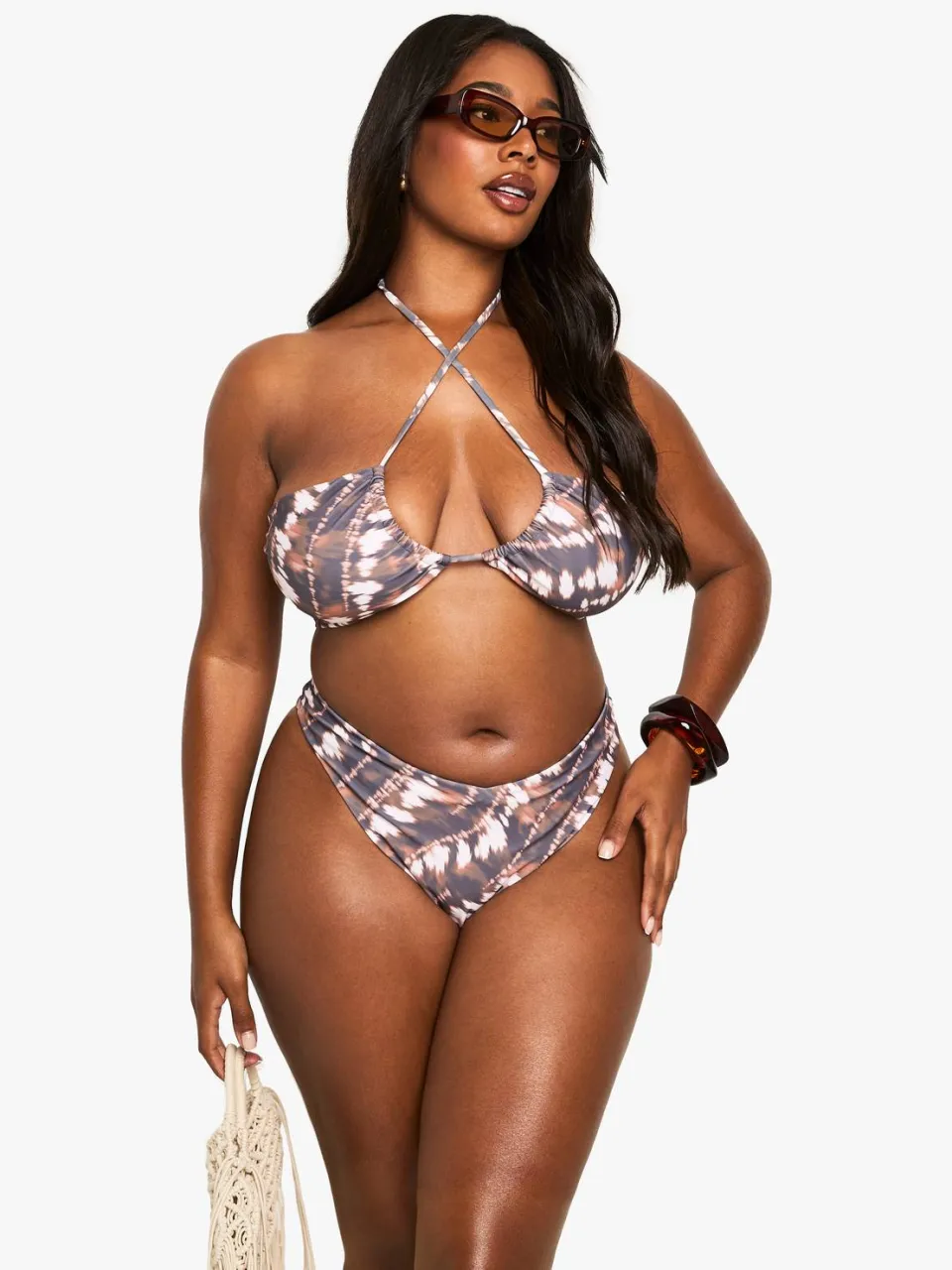 boohoo Dames Plus Tie Dye Bandeau Tie Front Bikini Top Multicolor