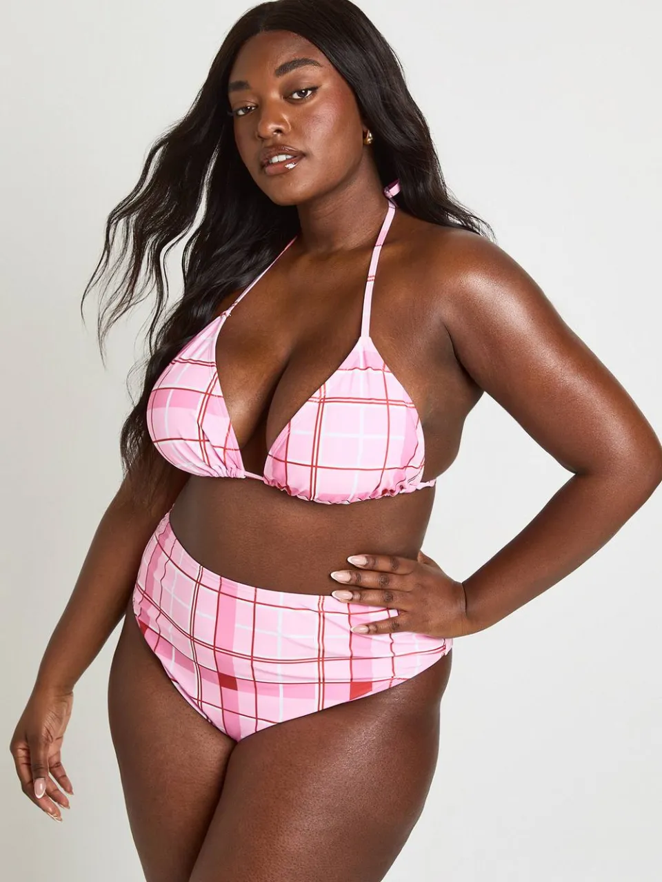 boohoo Dames Plus Maat Geruite Driehoekige Bikinitop & Hoge Taille Bikinibroekje Set roze, foto 3