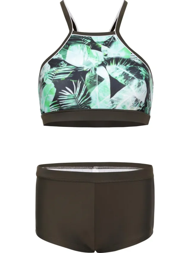 La V Bikini hipster broekje en crop top met racerback - Palm leaf 116-122 Olijfgroen