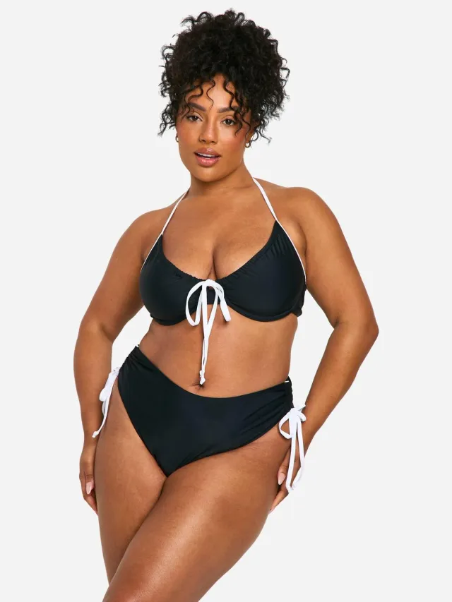 boohoo Dames Plus Contrasterende Strik Gerufelde Zij-Bikini Onderbroek Zwart