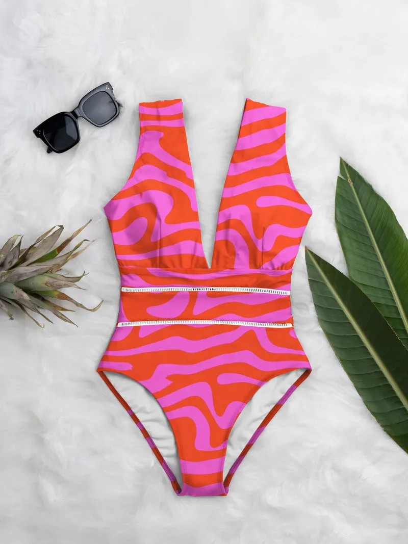 Averie dames vegan Badpak Deep Plunge One Piece Ruby Pink Zebra, foto 2