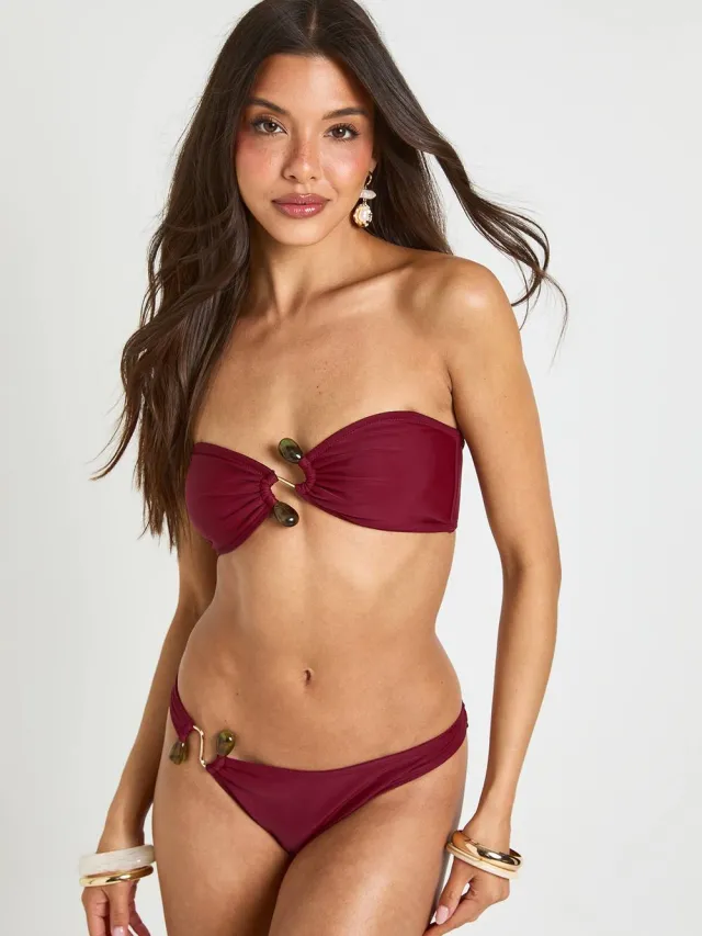 boohoo Dames Bikiniset Met Decoratief Detail, Plunge Top En Slip Bordeaux Rood