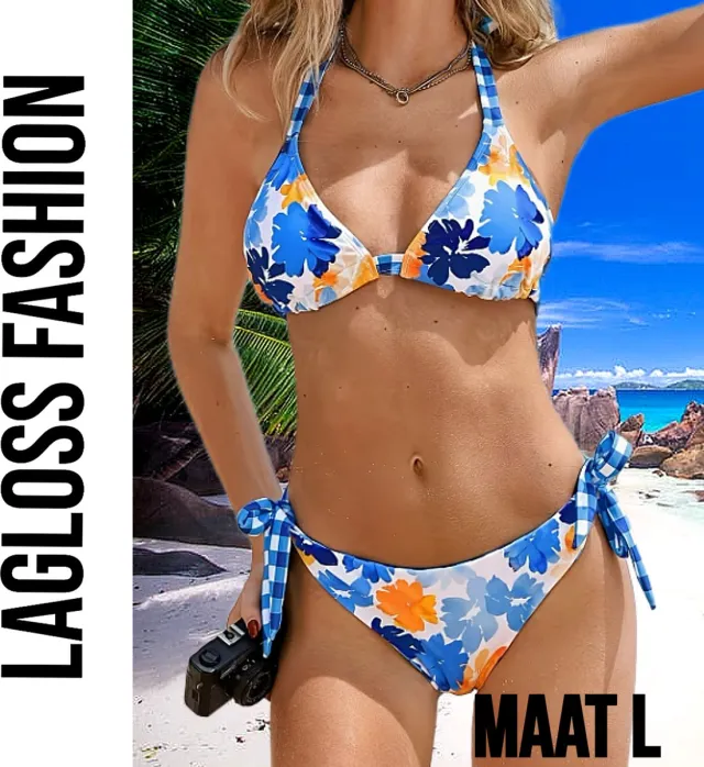 LaGloss Dames Blauwe Tropische Print Bikini Set Met Haltertop en Omkeerbaar Broekje – Zomer mode – Beach fashion –