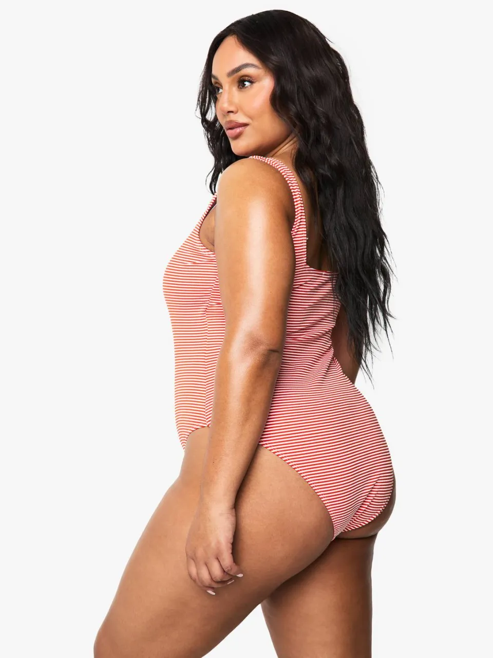 boohoo Dames Plus Seersucker Streep Scoop Neck Badpak rood, foto 2