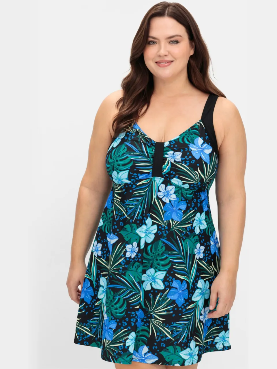 zwemjurk diepblauw bloemenprint diepblauw bedrukt