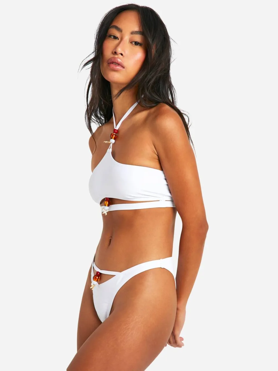 boohoo Dames Beaded Shell Trim Hipster Bikini Brief wit, foto 3