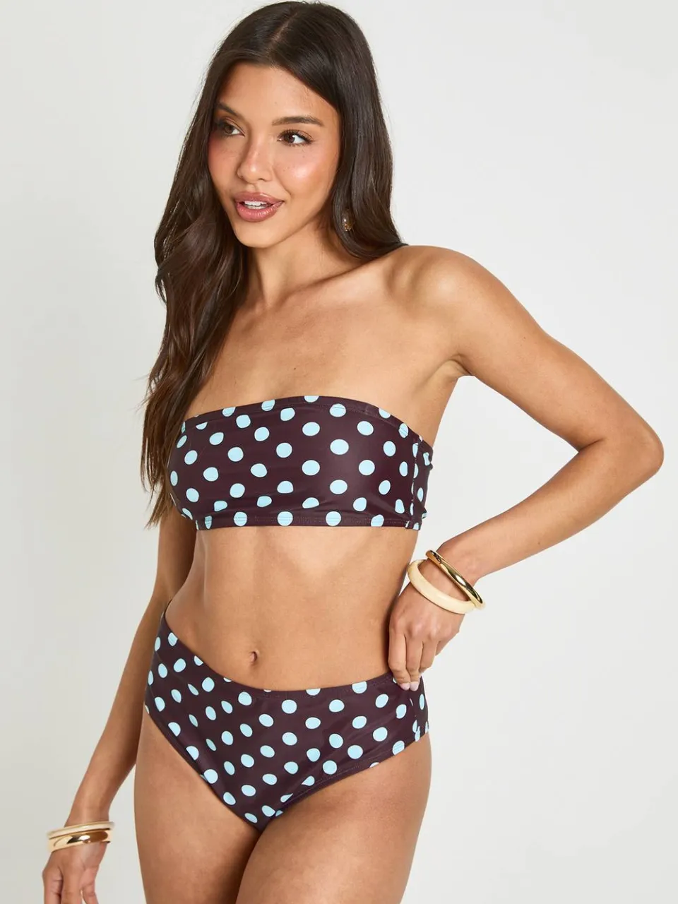 boohoo Dames Polkadot Essentials Hoge Taille Bikinibroekje chocoladebruin, foto 2