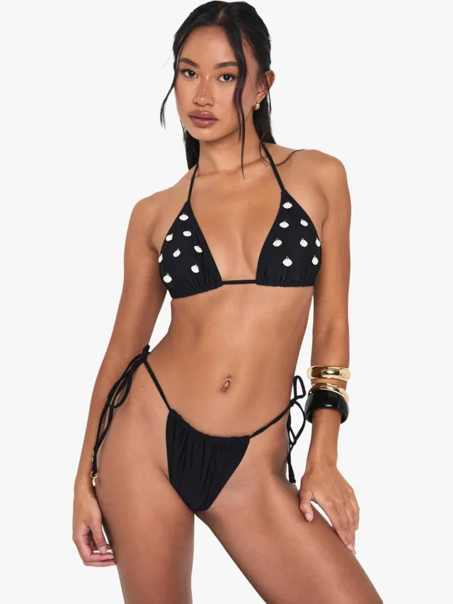 boohoo Dames Shell Trim Versierde Driehoek Bikini Top & Tanga Tie Zijonder Bottoms Bikini Set Zwart