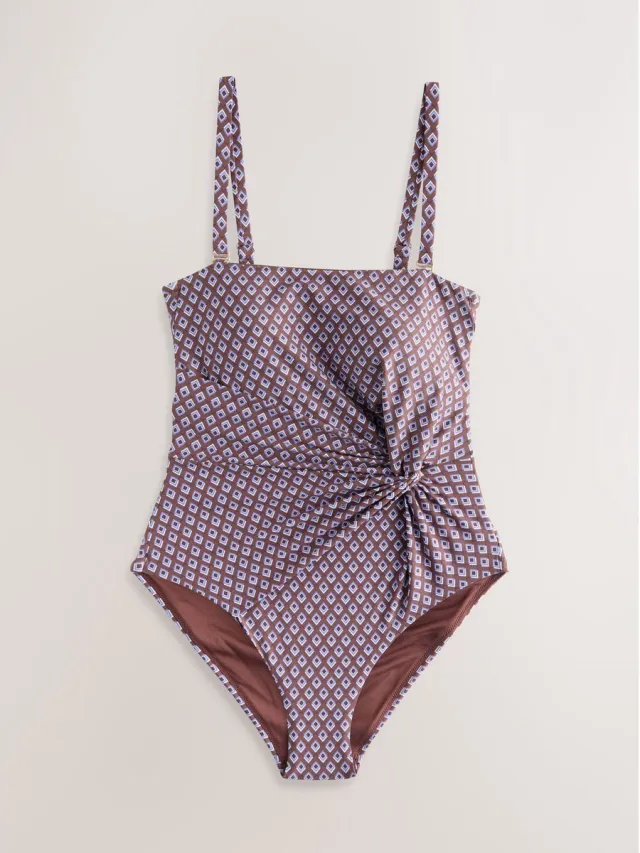 Next Dames - Gedraaid buikbedekkend bandeau-badpak - Bruin Chocolate Brown Geometric