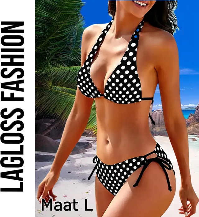 LaGloss Bikini Set Polkadot Zwart Wit – 2-Delige Halternek Bikini met Zijstrik –