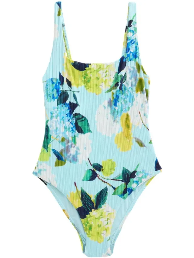 Next Dames - Buikcorrigerend badpak met ribbels en vierkante hals - Blauw Aqua Blue/Lime Green Floral