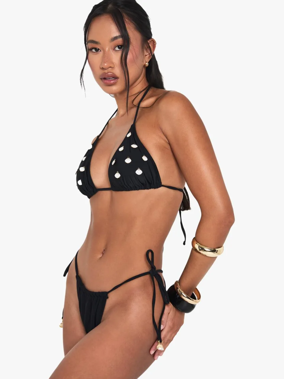 boohoo Dames Shell Trim Versierde Driehoek Bikini Top & Tanga Tie Zijonder Bottoms Bikini Set zwart, foto 2