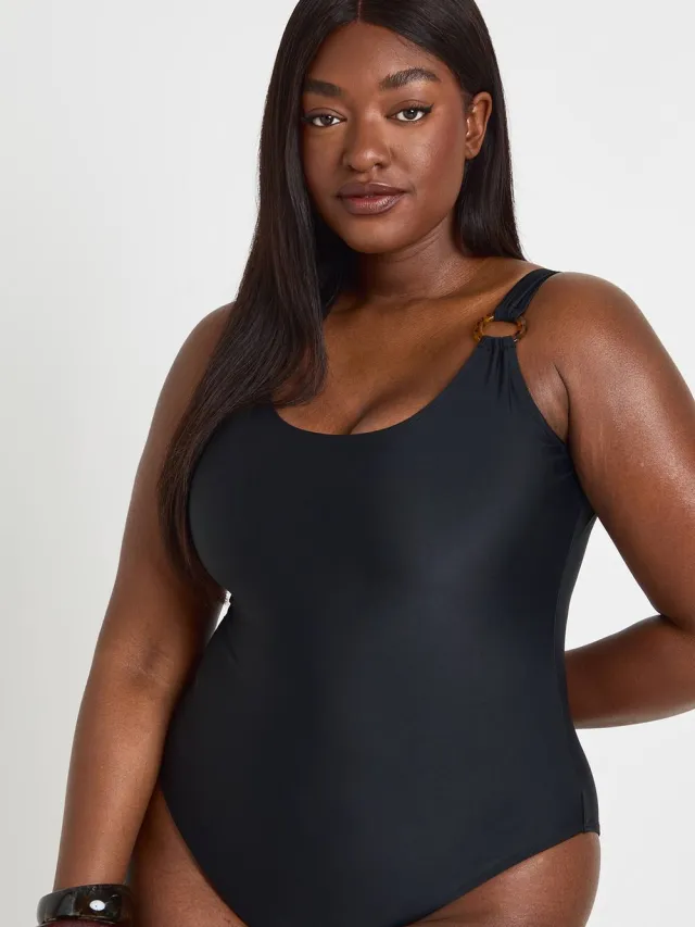boohoo Dames Badpak Met Scoop Hals En Trim Detail In Grote Maten Zwart