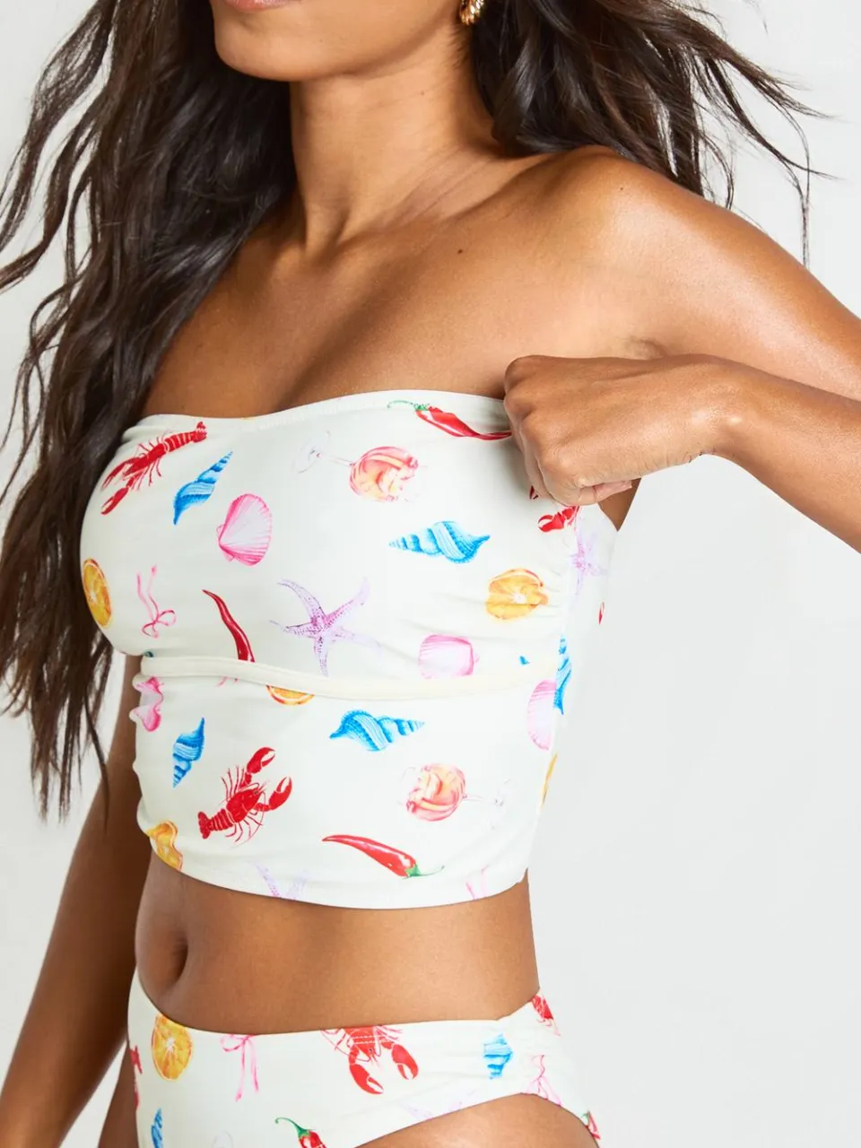 boohoo Dames Oceaanprint Tankini Bikinitop En Hoge Pijp Bikinislip crème, foto 4