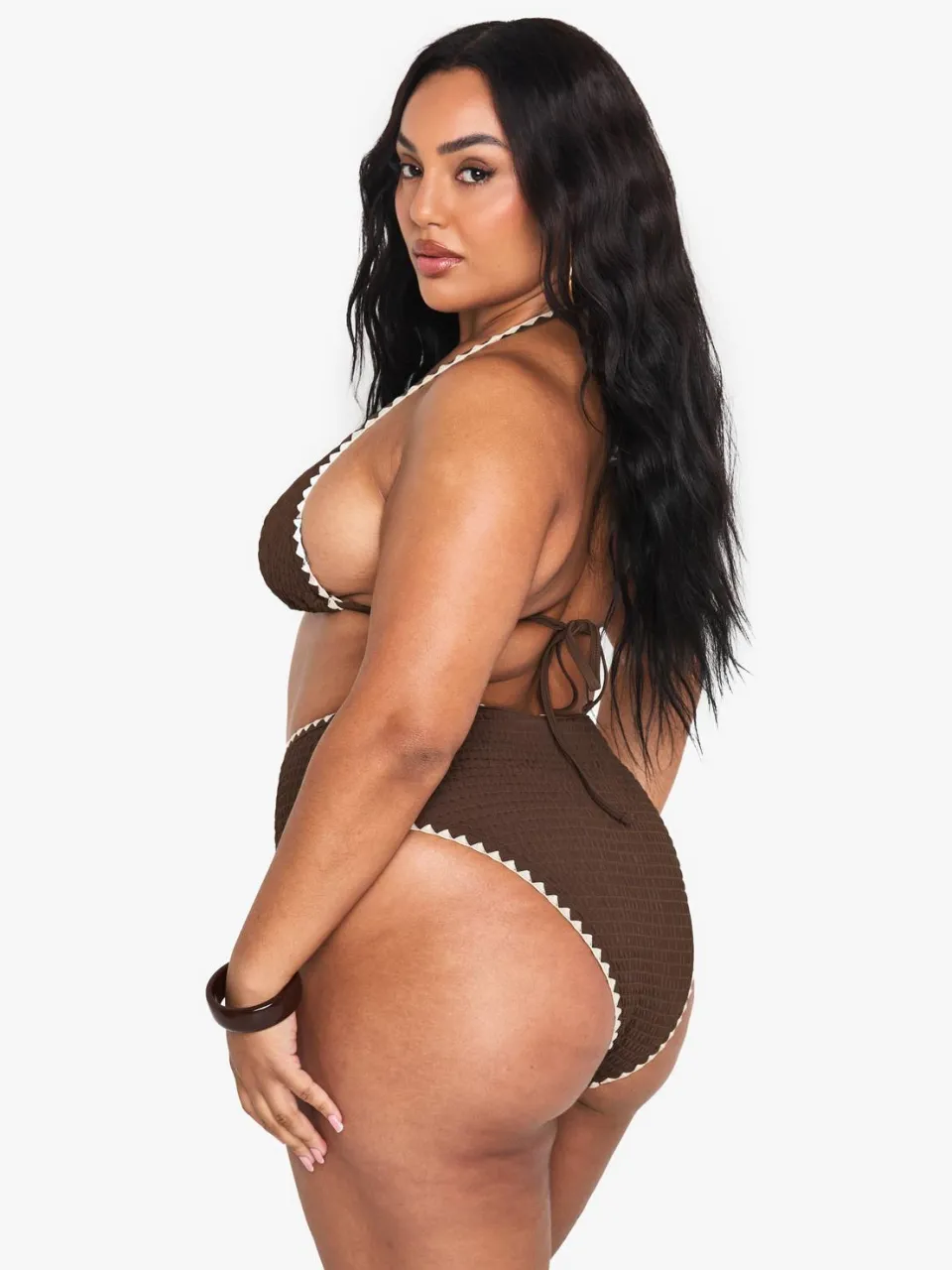 boohoo Dames Plus Contrasterende Stiksels Driehoek Bikini Set chocoladebruin, foto 2