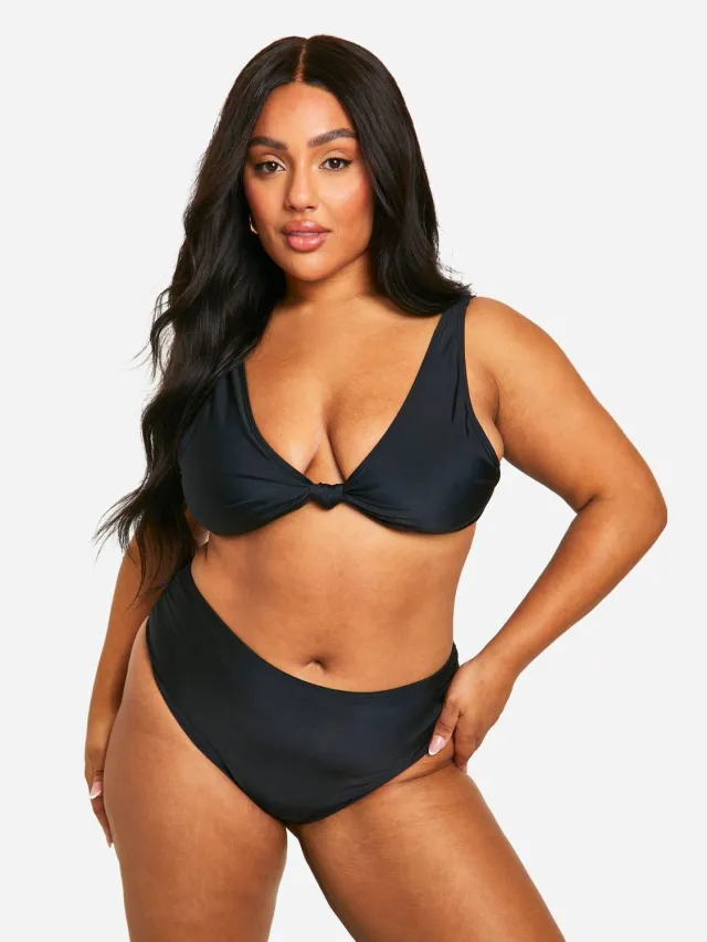 boohoo Dames Plus Knot Bikini Set met Hoge Taille Zwart
