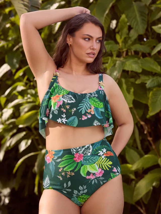 Yours Groene Bikinitop Met Tropische Print En Ruches, foto 5