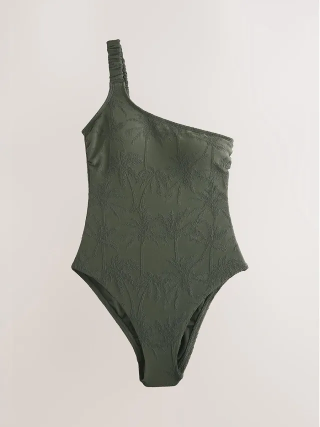 Next Dames - Buikcorrigerend badpak met één schouder en jacquard palmboomprint - Groen Khaki Green