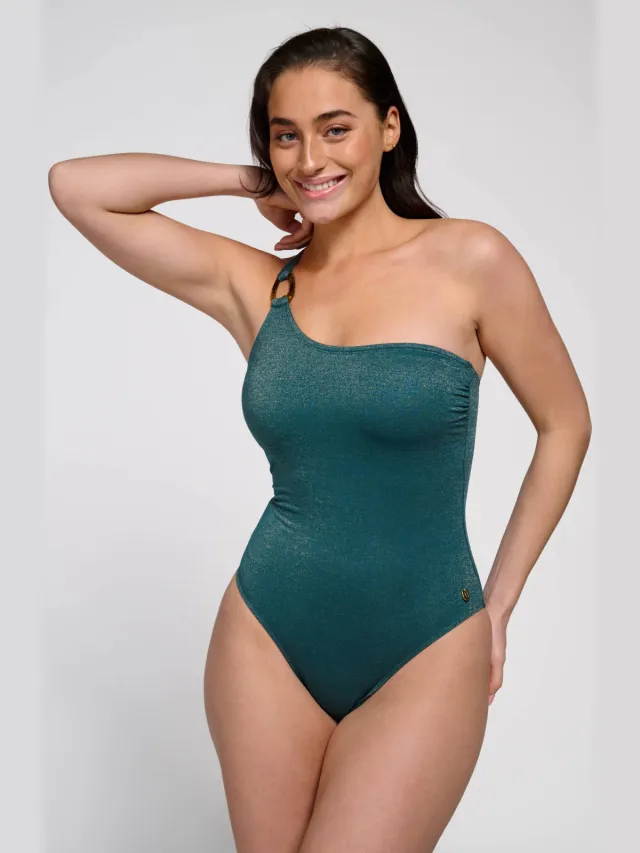 Ten Cate Beach TC WOW one shoulder badpak met lurex donkergroen