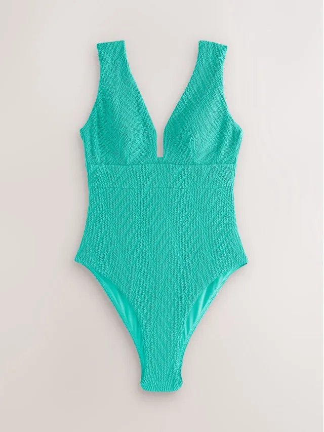 Next Dames - Buikcorrigerend badpak met lage hals - Groen Aqua Green Crinkle Textured