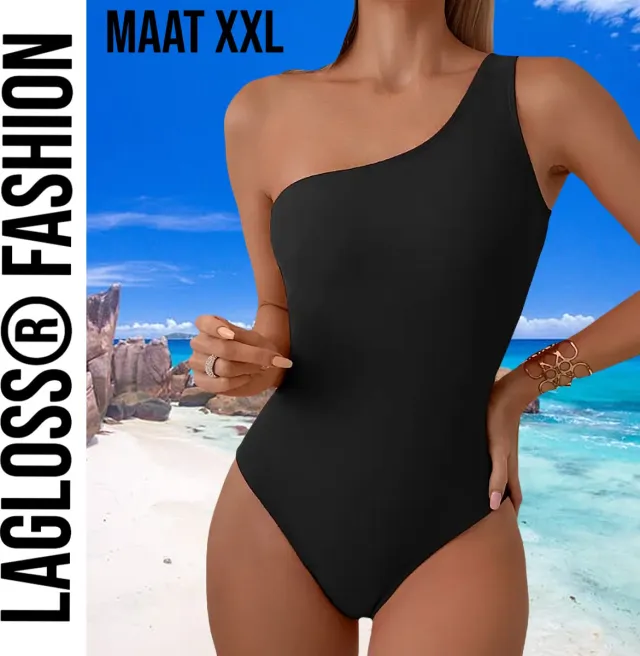 LaGloss Badpak Asymmetrisch Effen Zwart - Strand/Beach Swimsuit - Zomer Badmode - Maat XXL %%