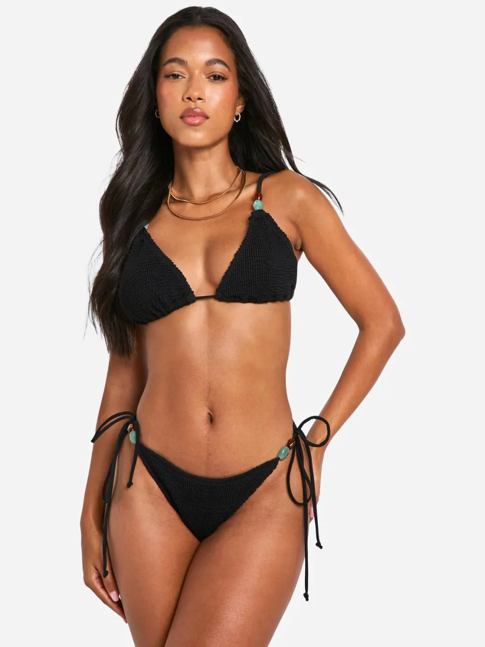 boohoo Dames Crinkle Stone Trim Driehoekige Bikini Top Zwart