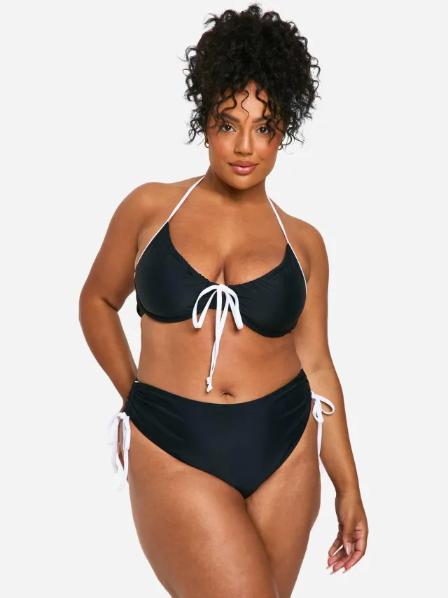 boohoo Dames Plus Contrast Tie Front Bikini Top Zwart